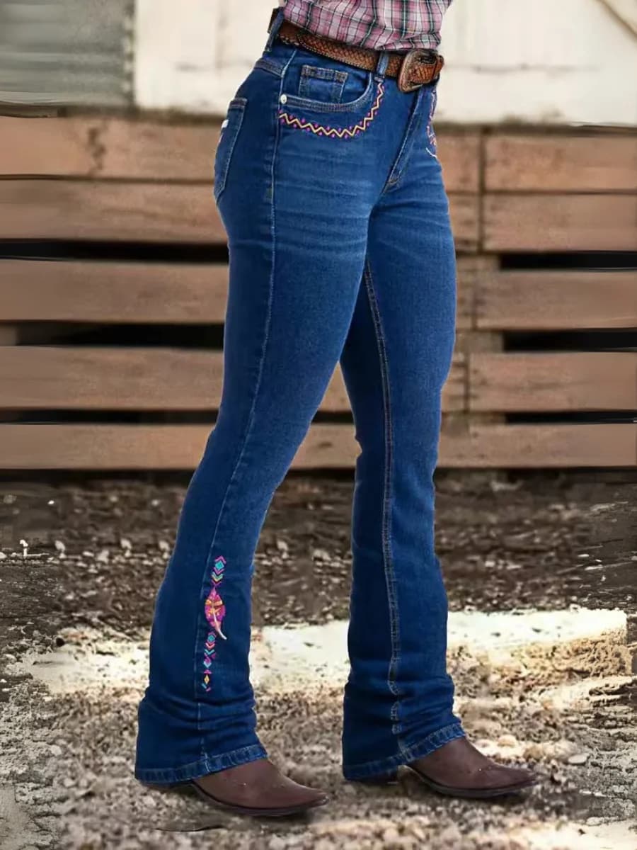 【HME】Jeans | Women Western Denim Pants, Colorful Ethnic Arrow & Feather Embroidery Denim, High‑Rise Flared Bootcut Design, Deep‑Blue Washed Stretch Pants For Cowgirl Ranch & Country‑Style Wear
