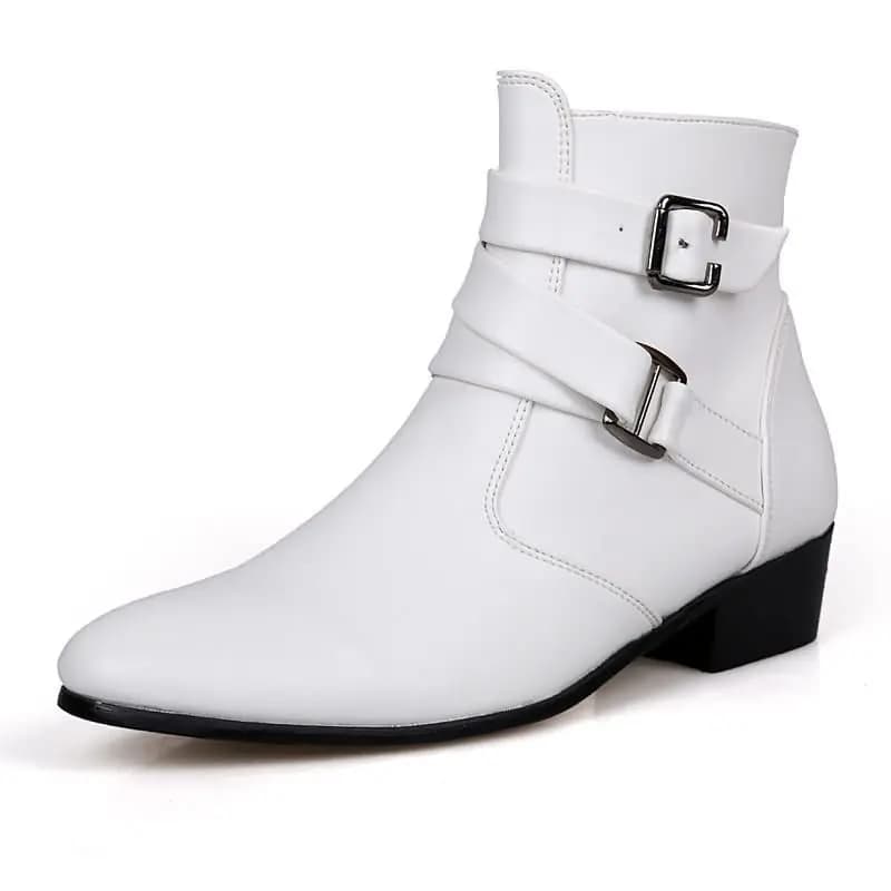 Stivali da uomo di lusso Stivaletti Chelsea in pelle Cinturino con fibbia alta Scarpe formali Stivaletti stile britannico neri Stivaletti bianchi a punta