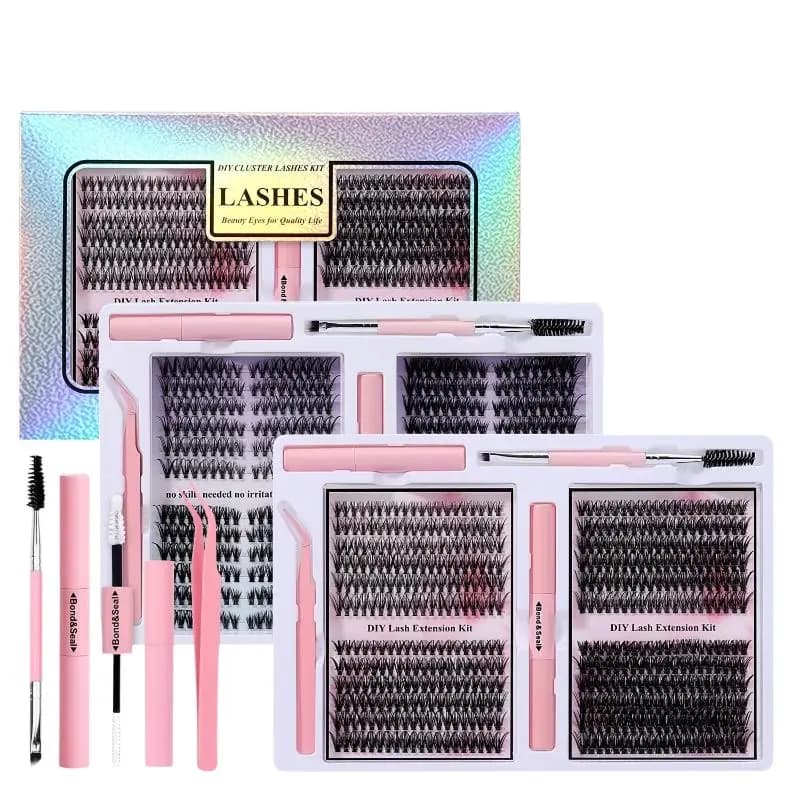 DIY Eyelash Extension Kit with 480 clusters, individual natural eyelashes segmented with glue, remove-neck, brush and tweezers for beauty salon