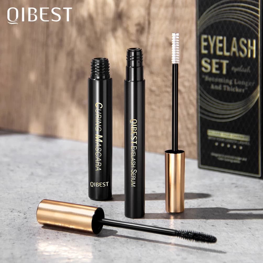 QIBEST serum for eyelash growth and 4D Black Mascara Curling Thick Eyelash Elongation Enhancer Mascara serum for eyelashes makeup set