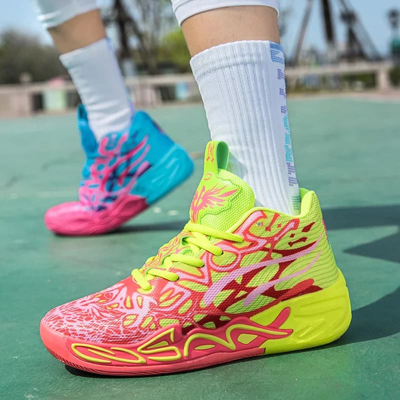 Men's high basketball shoes, bicolor, breathable mesh, anti-slip, wear-resistant, light, for students.