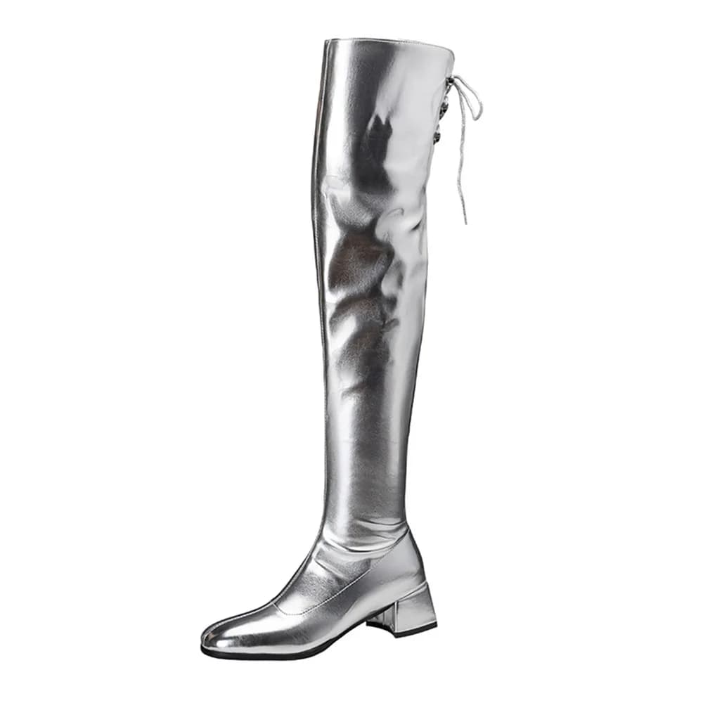 Women Metallic Over The Knee Boots Back Lace Up Side Zipper Low Block Heel Fleece Lined Thigh High Fashion Boots EU 32-46 168-34