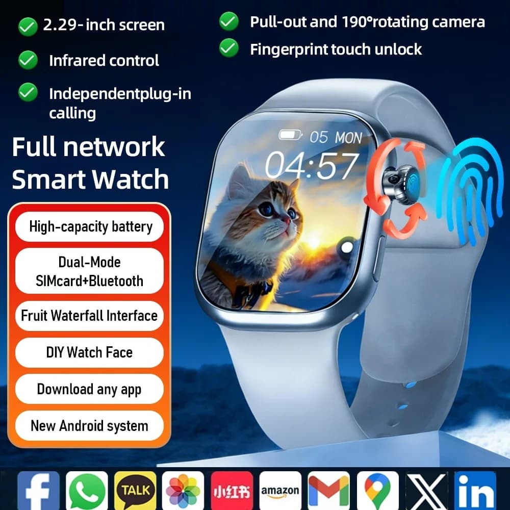 Smartwatch VP29 Pro 5G LTE con Touch ID, WIFI, GPS, NFC, per Uomo e Donna, con 180 Funzioni ° Telecamera Rotante con Slot per Scheda SIM 4G/5G e Videochiamata