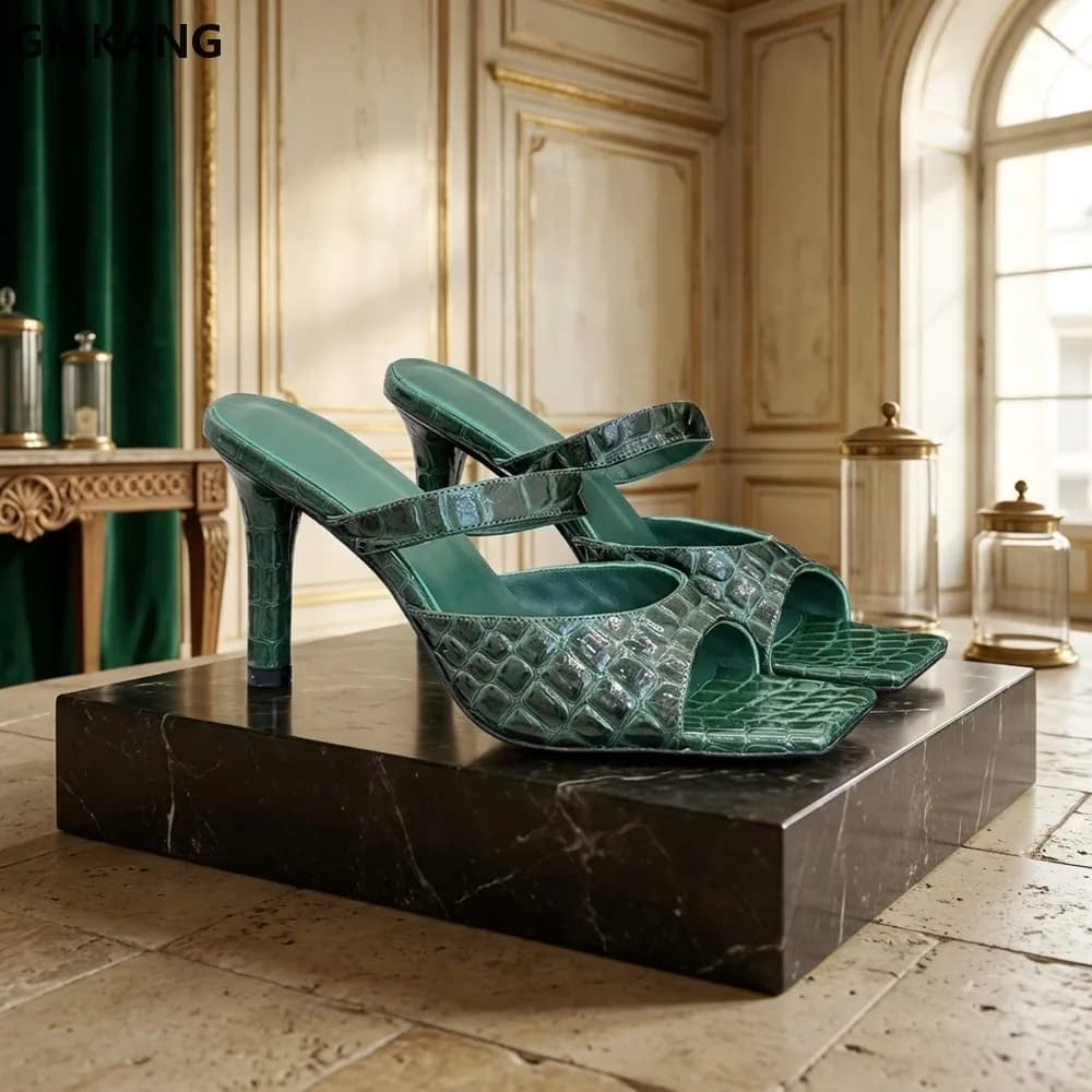 Women Square Toe High Heel Muller Sandals Crocodile Pattern Shiny Leather Thin Strap Summer Slip On Dress Shoes