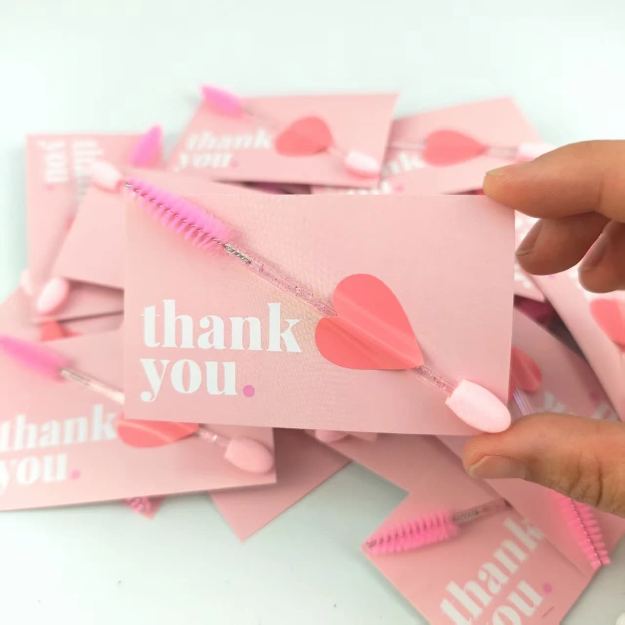Eyelash Extension Client Thank You Cards with 2-in-1 Makeup Brushes, Cute Pink "Thank You" Cards for Lash Artist Order Gifts