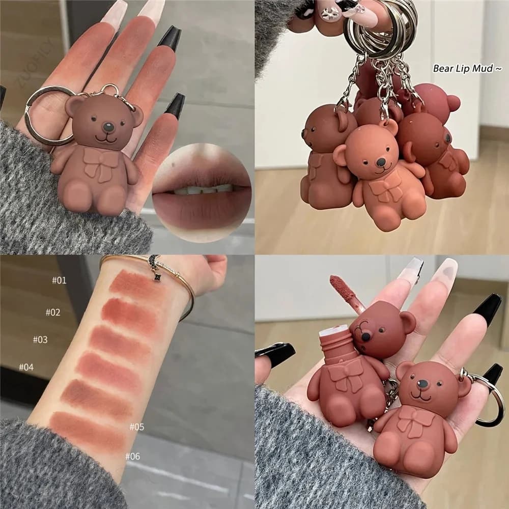 Matte Lip Mud portachiavi Design Cute Bear Liquid Lipstick Velvet Sexy Red Lip Gloss Long Lasting Lip Tint Mud Cosmetics 6 colori