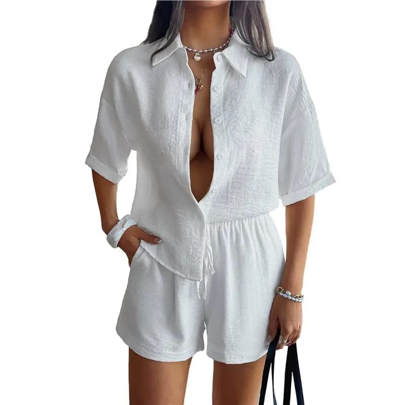 CYL-Women 2 Piece Outfits Short Sleeve Button Down Blouse And Shorts Sweatsuit Sets