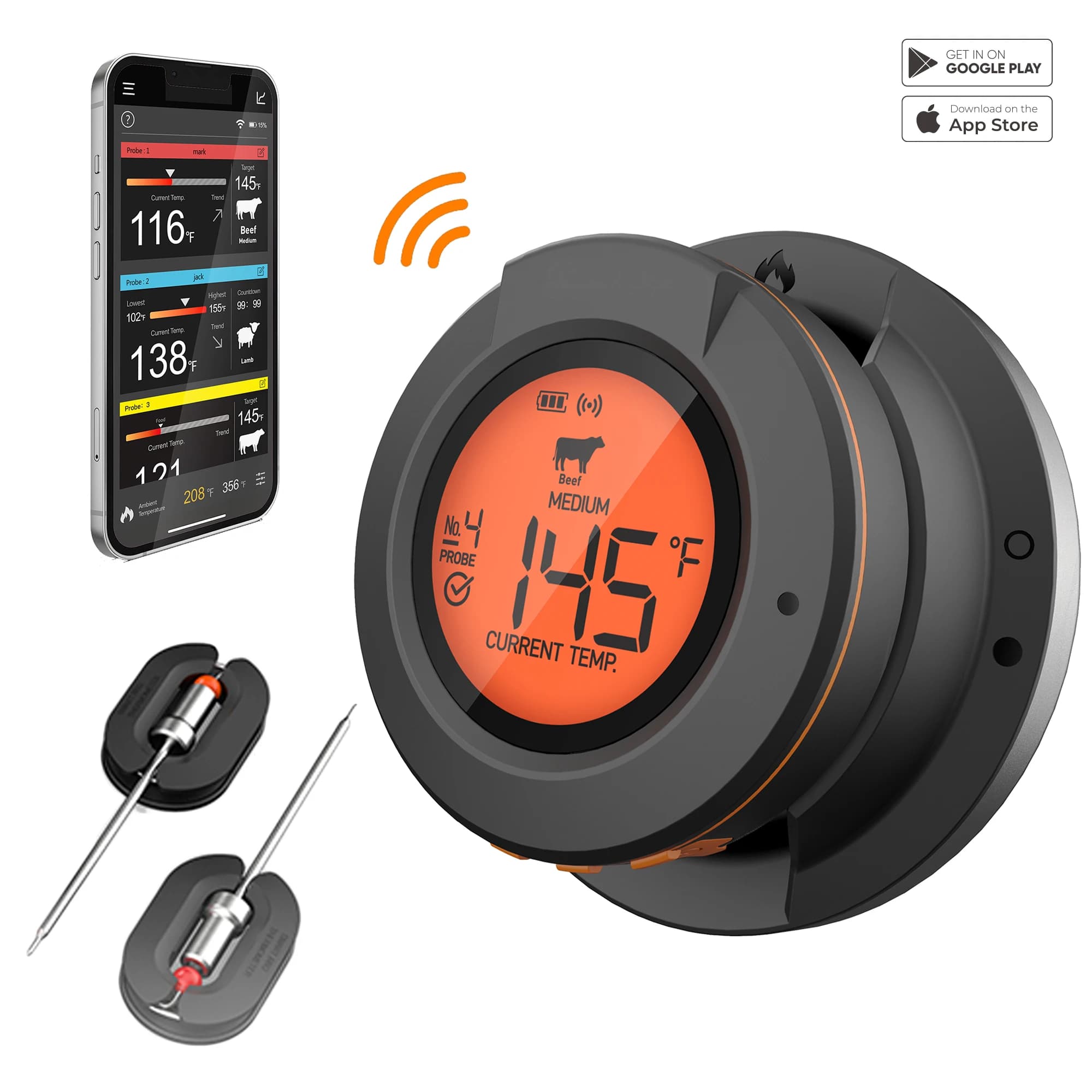 Termometro per Carne Bluetooth con App, Sonda Wireless per Barbecue, Affumicatori, Griglie a Gas e Carbone, Termometro Digitale per Alimenti a 5 Canali