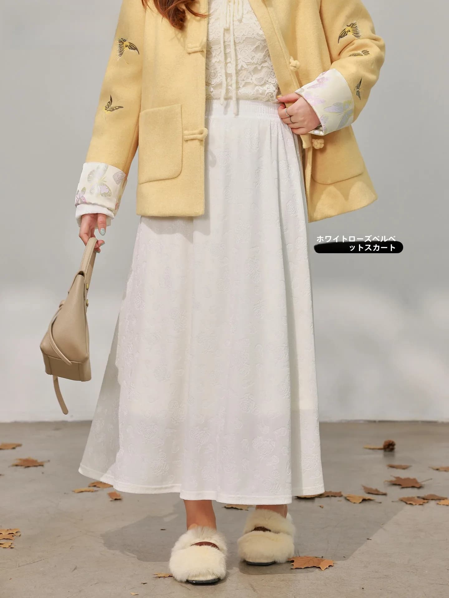 Gonna lunga in velluto rosa Ele per taglie forti DM00, gonna casual dolce e elegante autunno inverno con motivo floreale