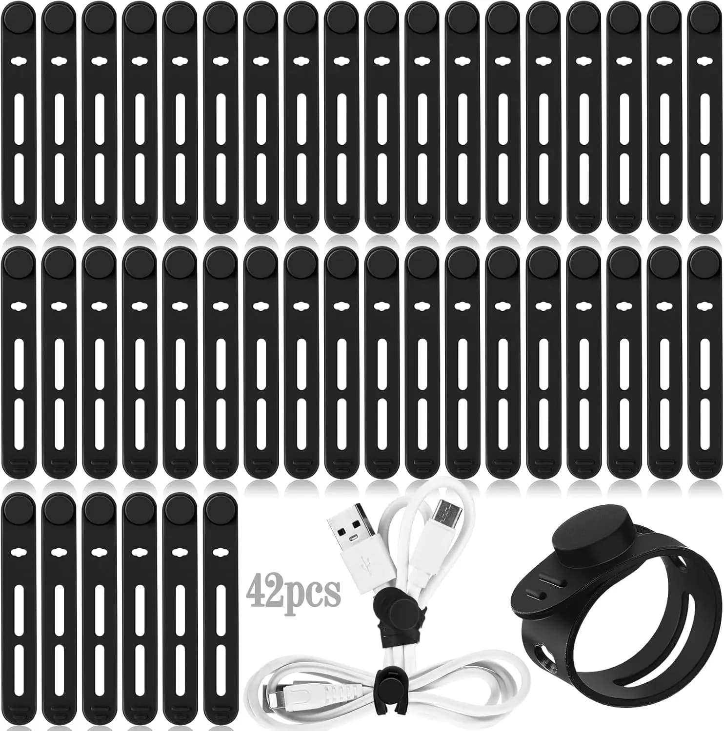 42 Pezzi Fascette in Silicone Riutilizzabili per Organizzare Cavi di Auricolari, Caricabatterie, Cavi per Computer, Essenziali per Viaggi, Nere