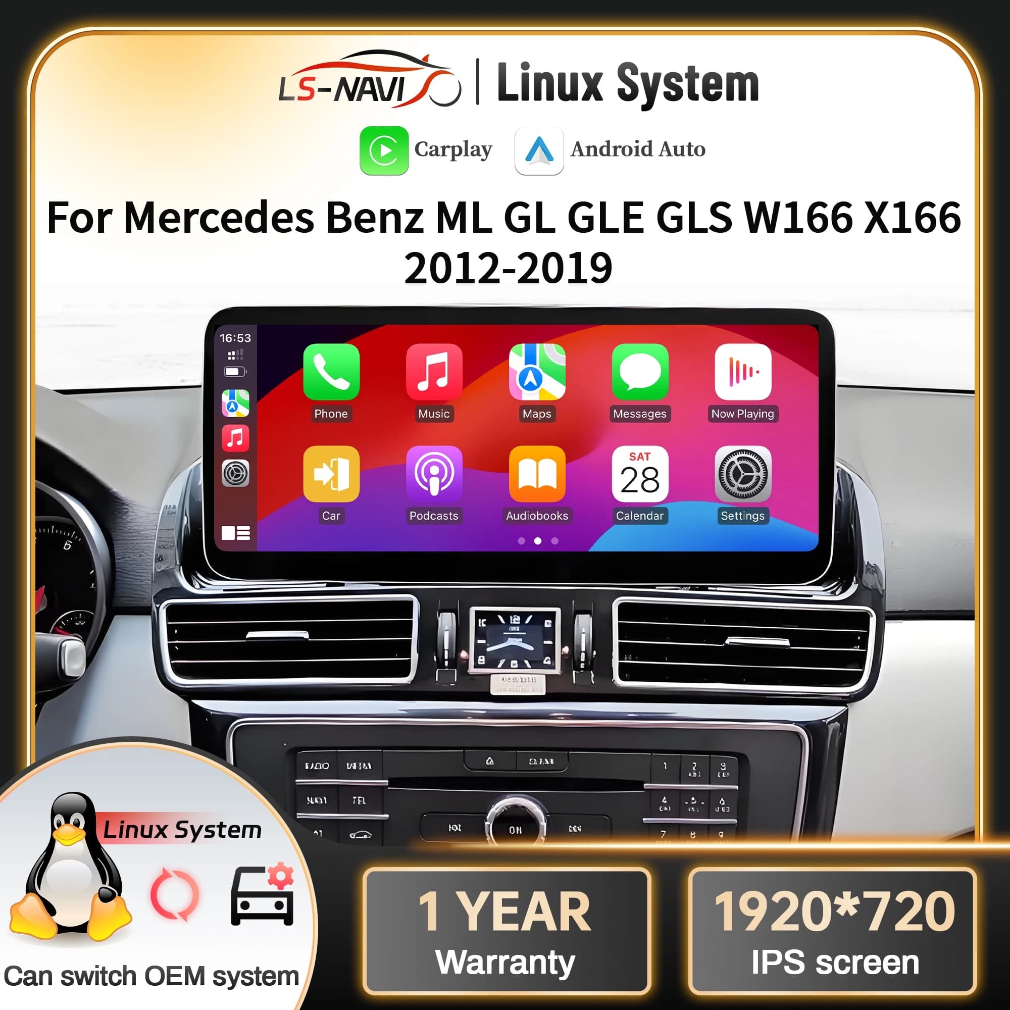 Linux Multimedia Screen For Mercedes Benz ML GL GLE GLS W166 X166 2012 2013 2014 2015-2019 Car Radio Touch Wireless Carplay