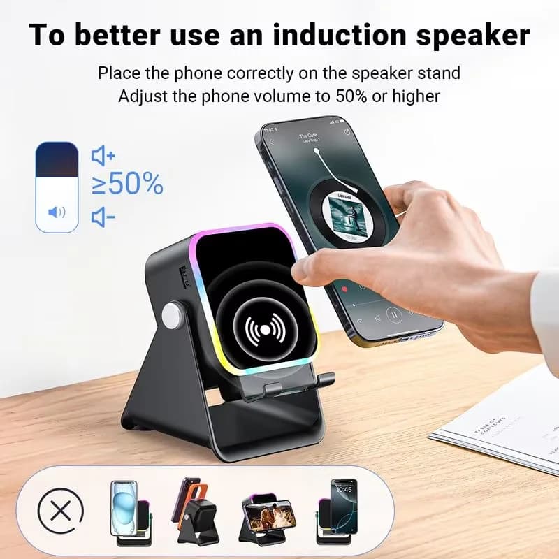 Altoparlante Audio Wireless a Induzione con Luce Ambientale Colorata e Supporto Telefono Regolabile a 360° per iPhone 17 16 e Telefoni Android