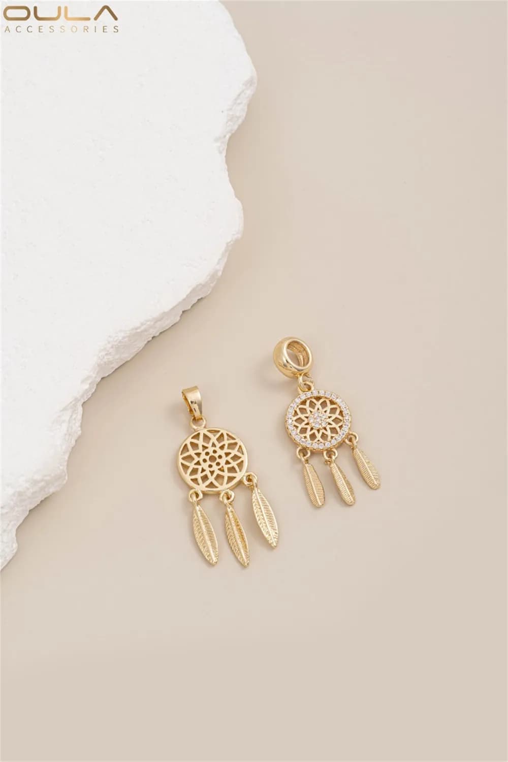 14K Gold Plated Dreamcatcher Pendant, Micro Paved Flower Net with Three Hanging Feathers, Handmade DIY Susen Style Jewelry