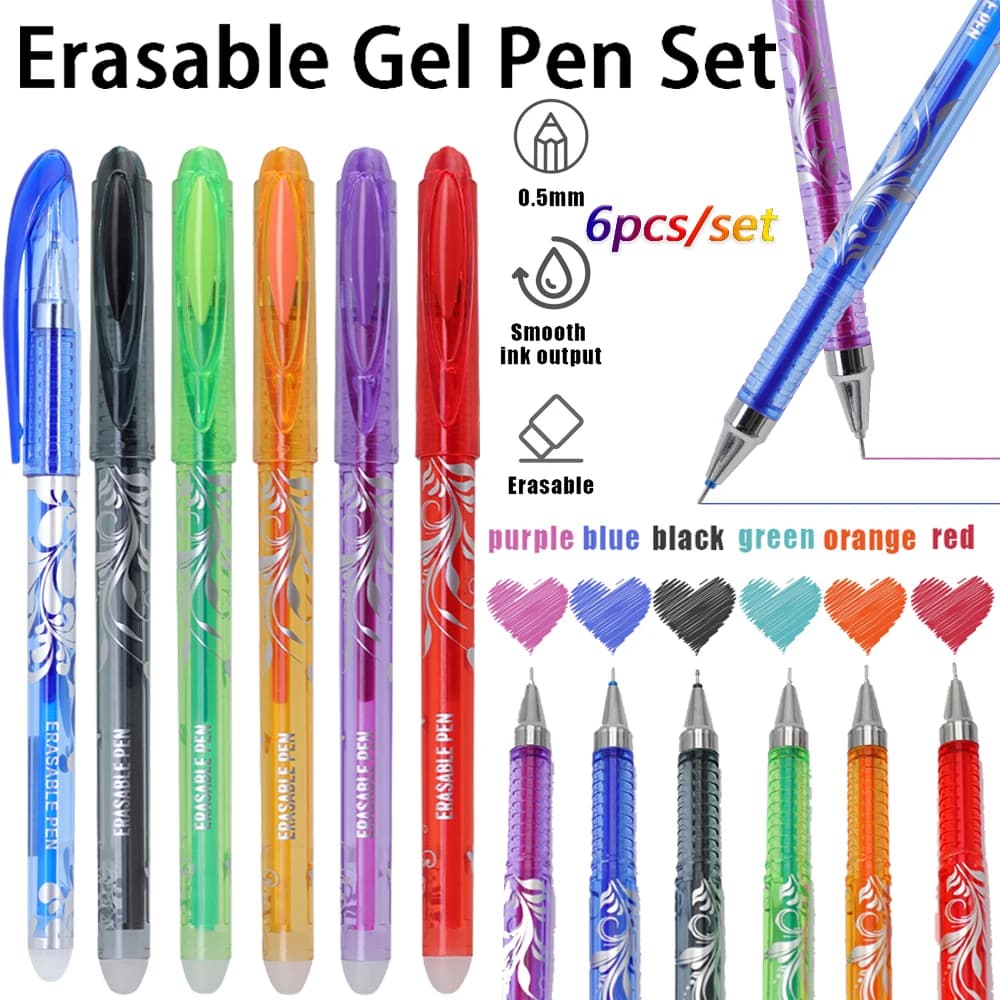 Set di 6 penne gel cancellabili con gomma a coda, ricariche magiche lavabili da 0,5 mm per pittura, scrittura e forniture scolastiche