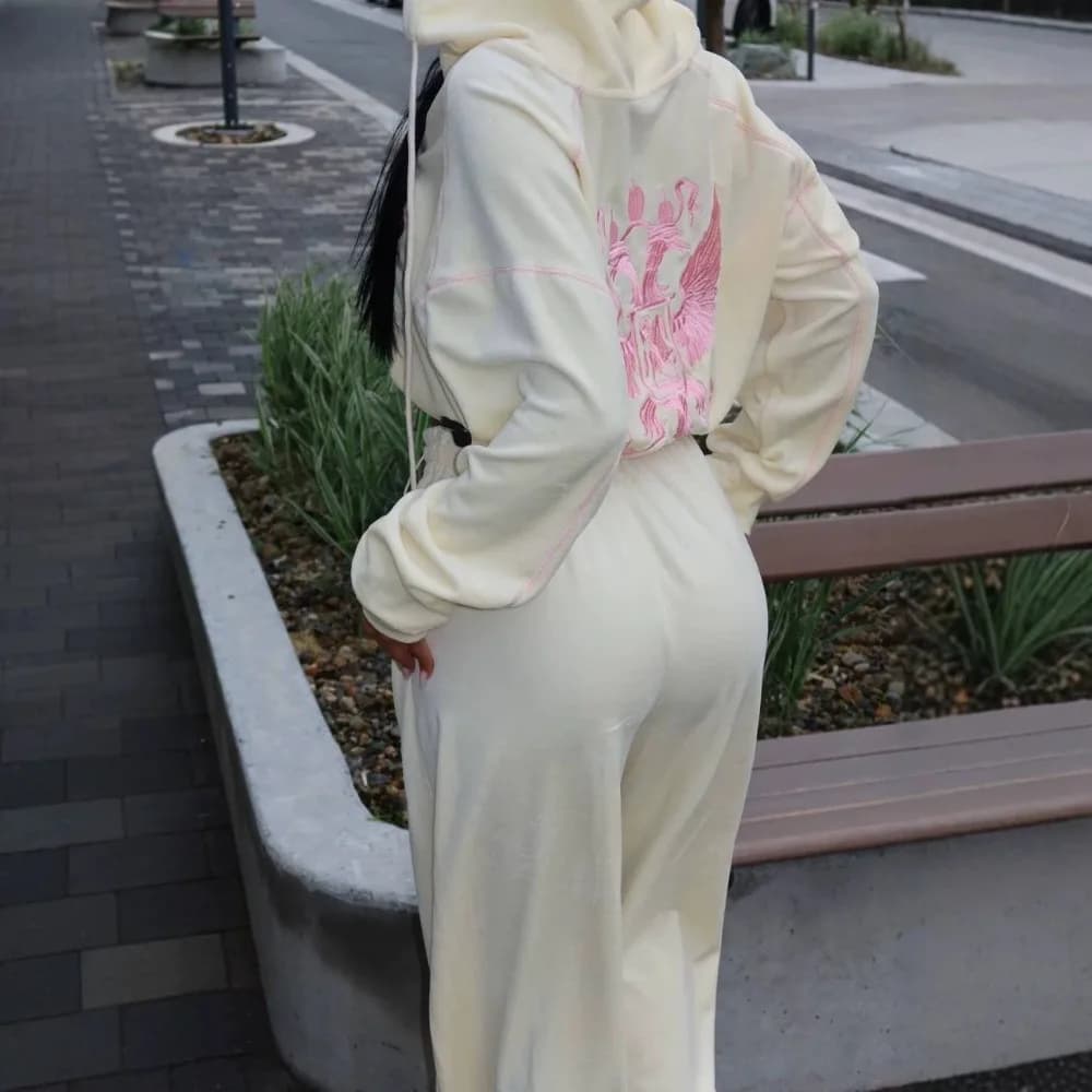 Street Hip-hop Style Embroidered Hoodie Set Autumn and Winter Women Chic Lazy Soft Warm Casual Zipper Jacket Wide Leg Pants 2Pcs
