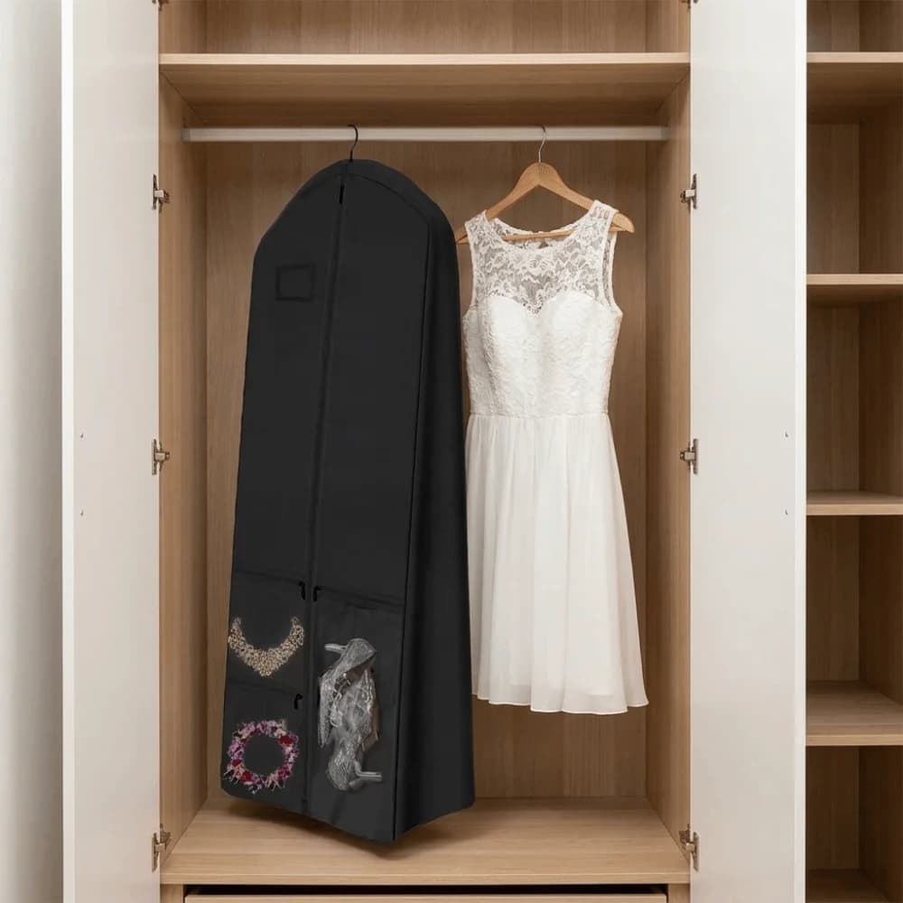 Folding Wedding Dress Garment Bag Non-Woven Large Capacity Gusseted Dress Bags Dust-Proof with Shoe Pockets Travel Garment Bag