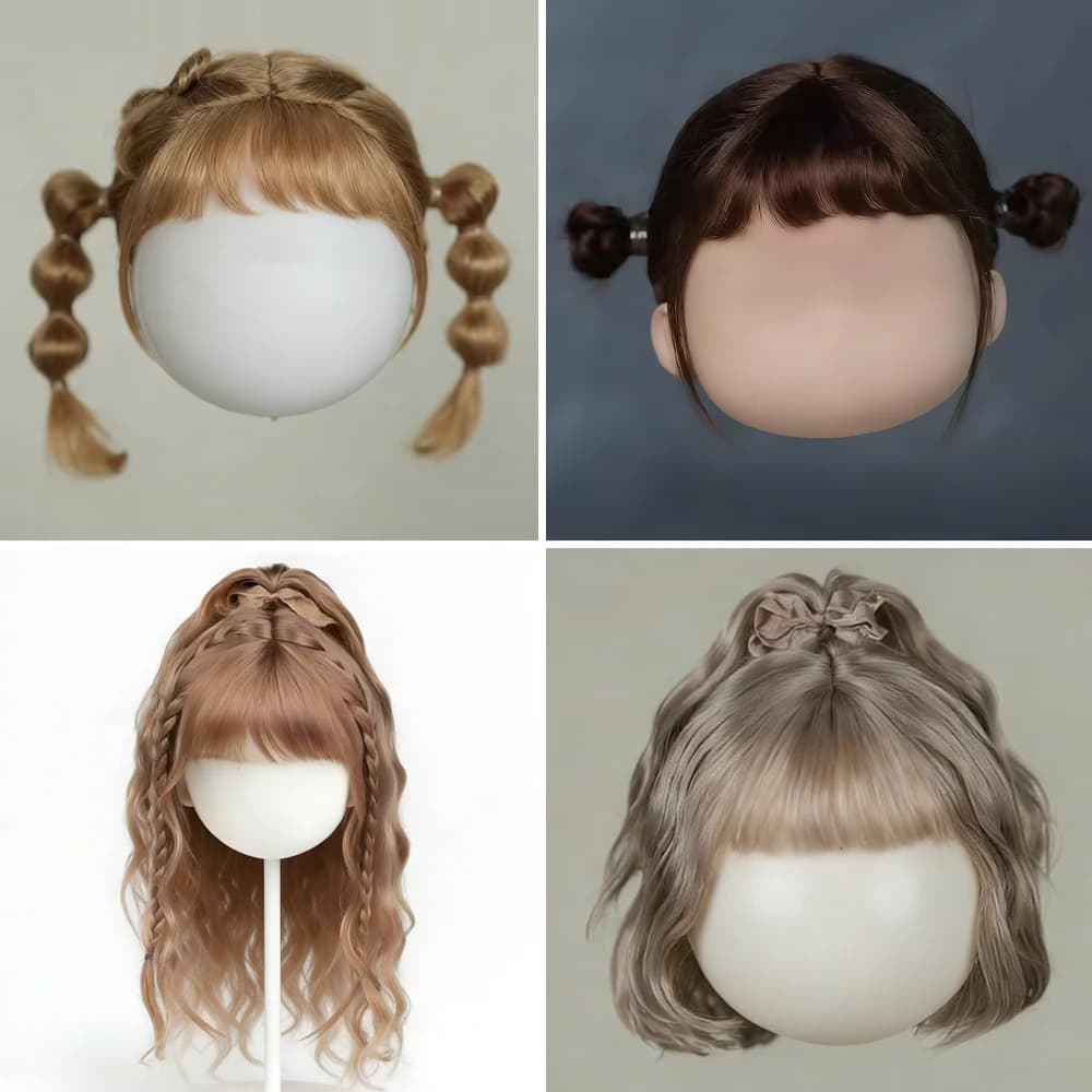 Parrucca BJD Testa grande Dot Parrucca Blyth Morbida mohair Frangia Treccia Parrucca mezza coda di cavallo Capelli corti Capelli ondulati lunghi Misura 9-10 pollici Testa