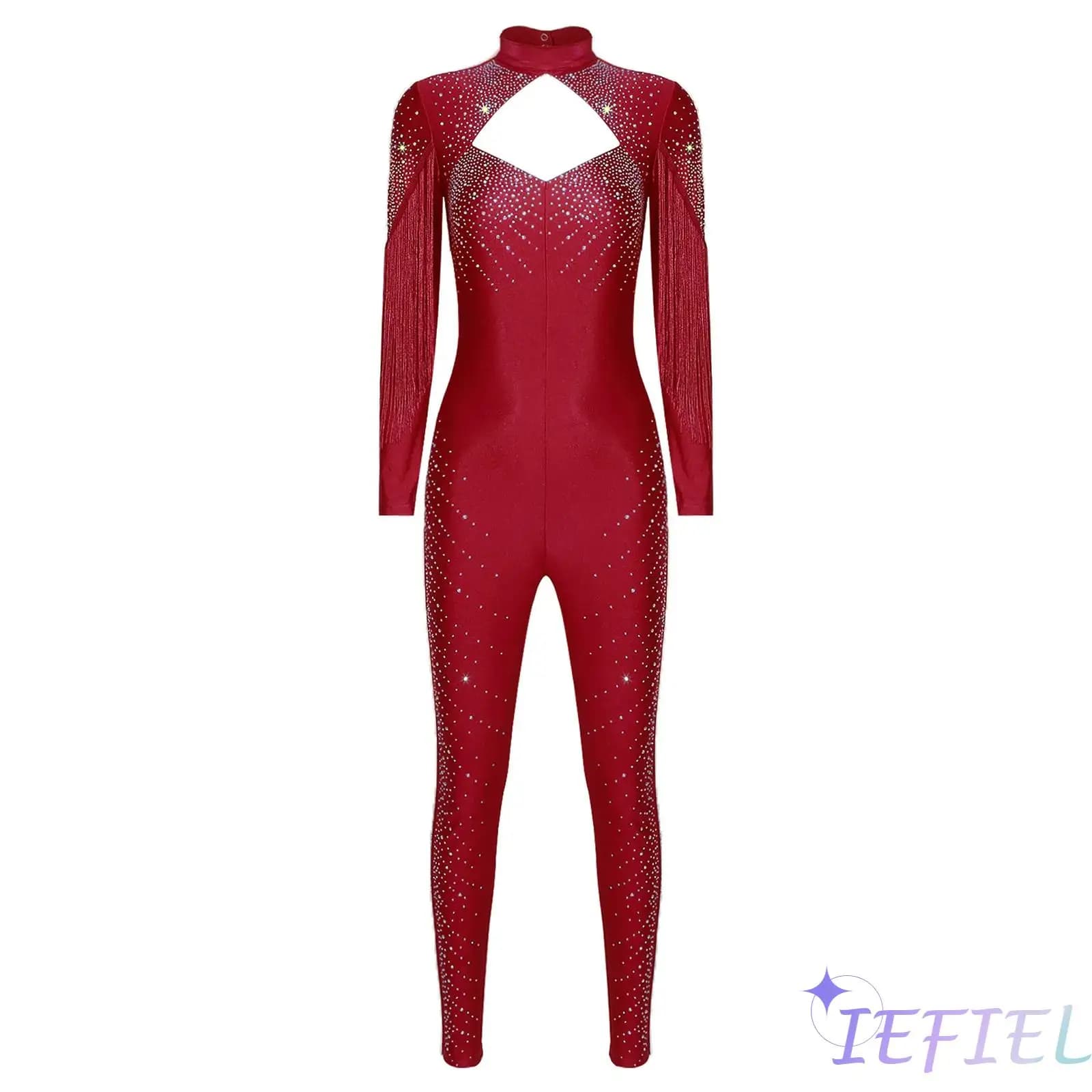 Tuta da pattinaggio di figura da donna a maniche lunghe con strass scintillanti Leggings con nappe Pagliaccetti Body da balletto per ginnastica Danza