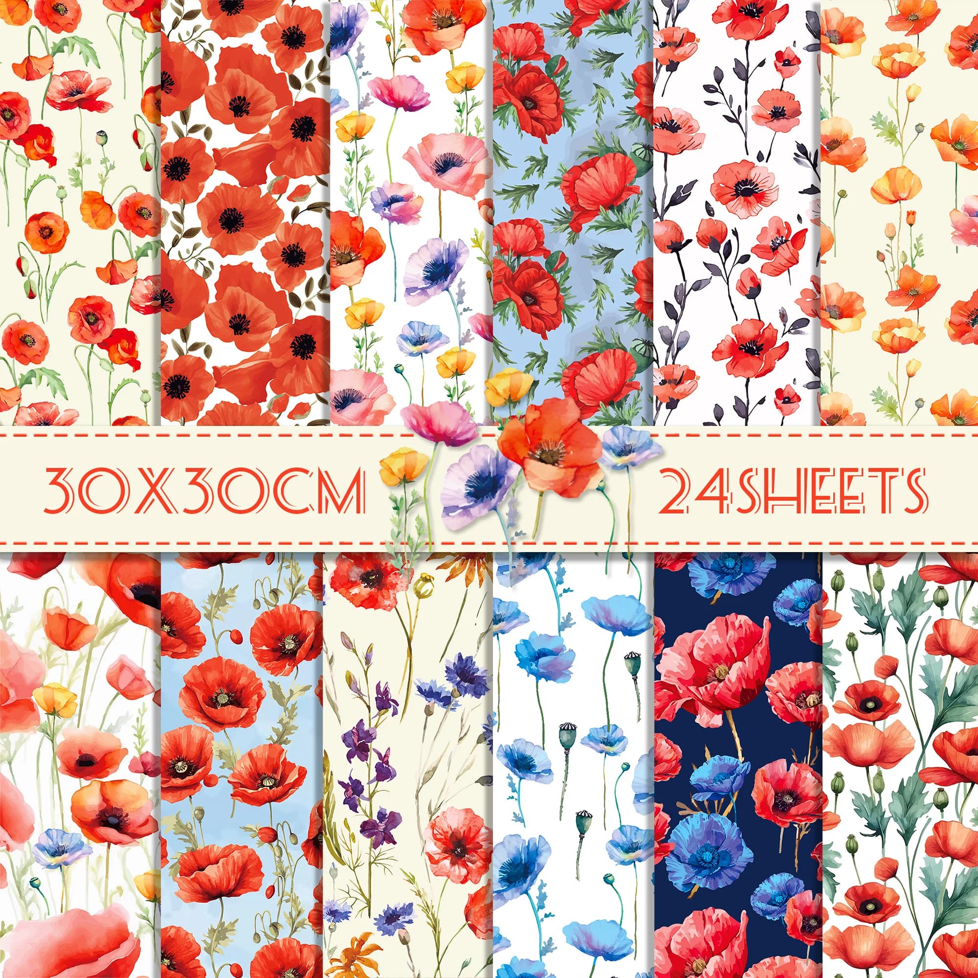 24pcs 30*30cm Poppy Red Flowers Scrapbook Craft Paper DIY Craft Art Background Paper Origami Card Making Photo Album Decoration