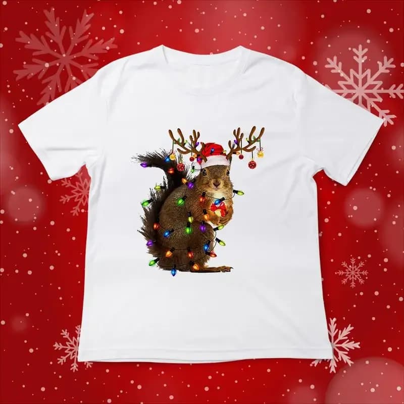 Squirrel Reindeer Merry Christmas Lights T Shirt Full Size S 5Xl
