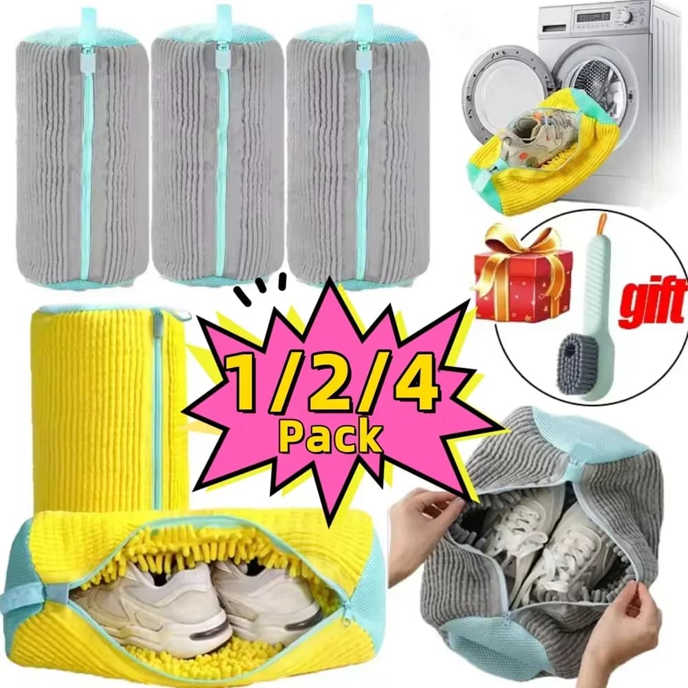 1/4PCS Shoe Washer Bag with Liquid Shoe Brush Set Durable and Clean Brush Laundry Shoes Bag with Soft Sewings for All Shoes