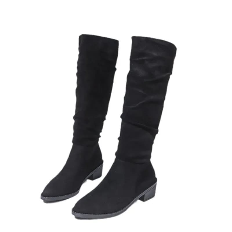 Stivali al ginocchio in pelle scamosciata da donna Punta a punta Tacco medio Alla moda Nuovo inverno Nuova motoslitta Stivali lunghi da donna Zapatos Mujer