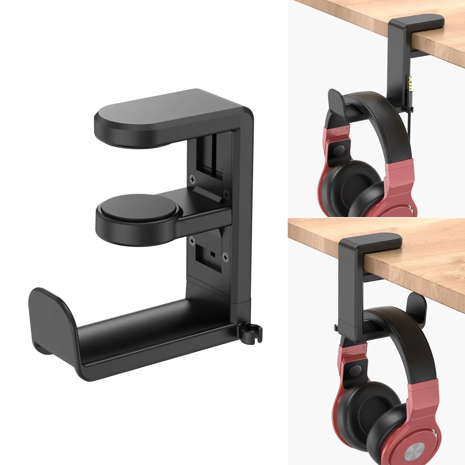 Rotating Headphone Stand - PC Gaming Holder, Adjustable Clamp-on Under Desk Hanger With 360 Degree Swivel & Cable Clip Organizer