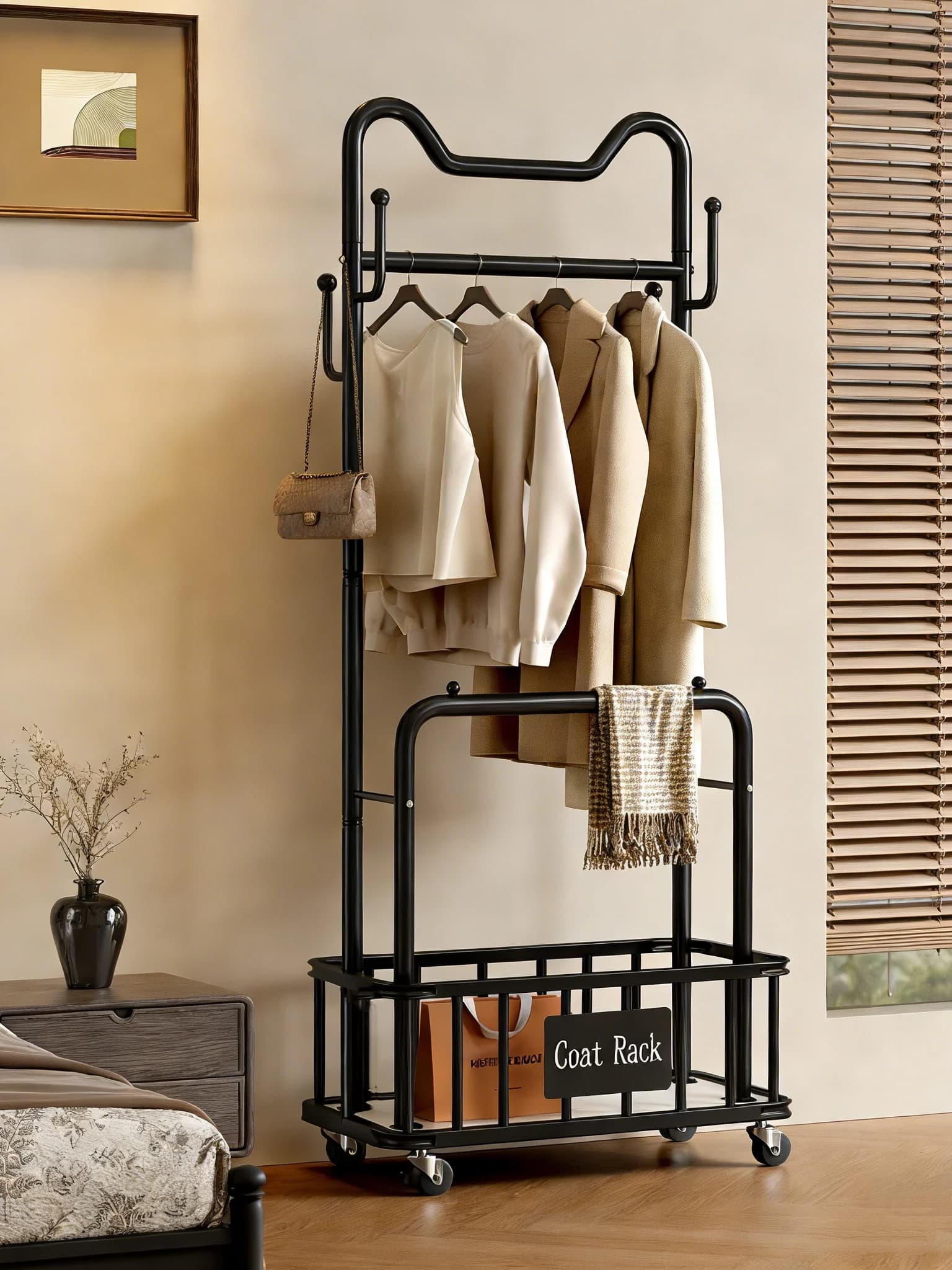 Simple double rod ground hanger for bedroom, portable for home use, night clothes rack