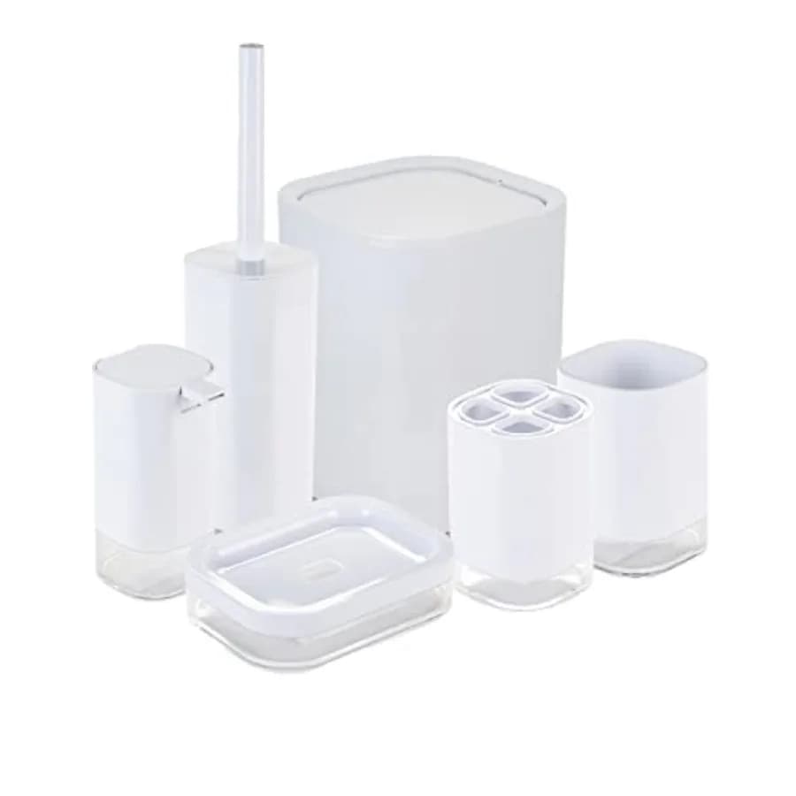 Set da Bagno in Acrilico 6 Pezzi: Scopino WC, Pattumiera, Dispenser Sapone, Portasapone, Bicchiere, Porta Spazzolino, Organizzazione e Stoccaggio Antiruggine