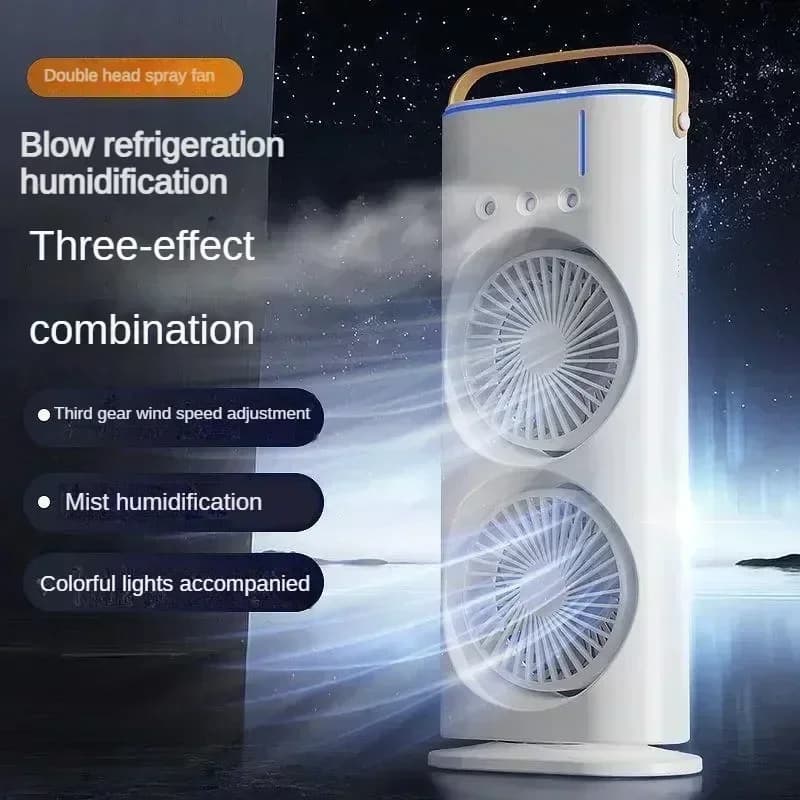 Ventilatore USB Portatile Doppio con Funzione di Nebulizzazione Rinfrescante e Umidificatore, Ventilatore da Tavolo ad Alta Potenza per Ufficio, Dormitorio e Casa