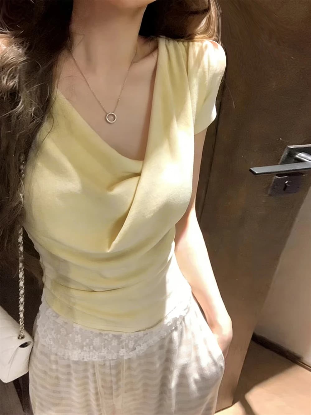 Original Design Yellow Lace Halter Fake Two-Piece Short Sleeve T-Shirt Women Summer Pleated Shoulder Bm Style Short Top
