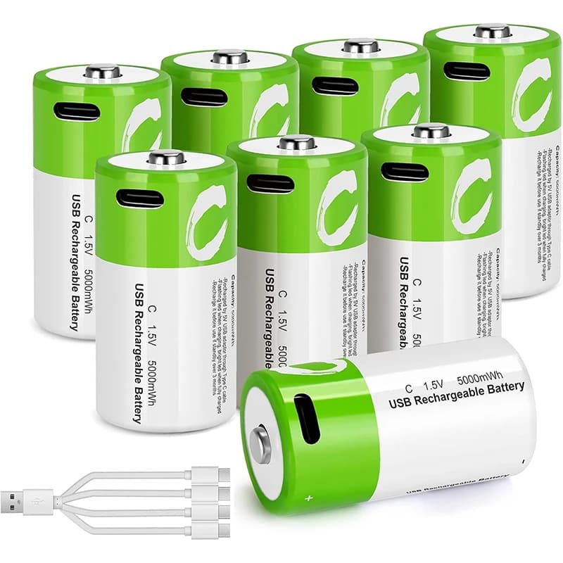 C Batteries Rechargeable With USB 2in1 Cable C Size Cell Lithium Batteries LR14 5000mWh 1.5V Li-ion Power for Flashlight Ect