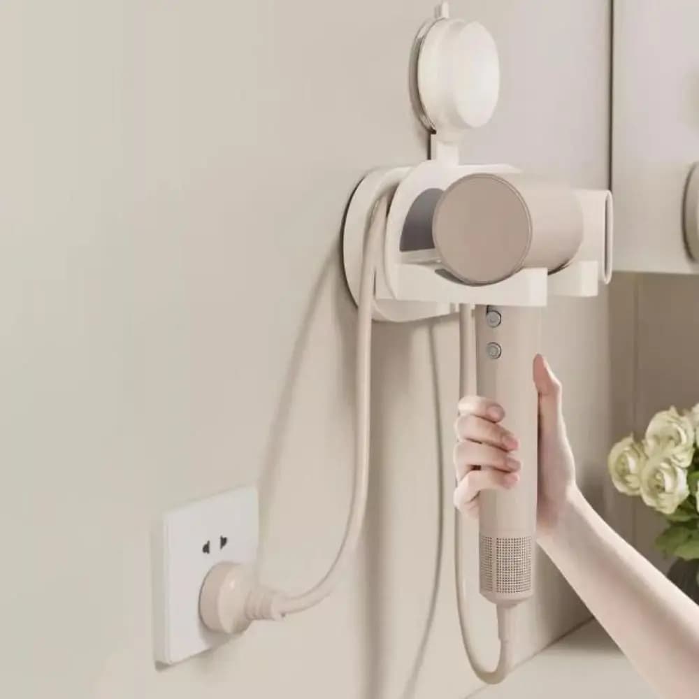 Practical No Punching Suction Cup Hair Dryer Holder Space Saving Wall Mounted Hair Dryer Rack Reusable Cord Organizer Hotel