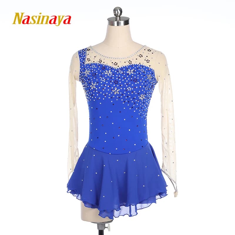 Nasinaya Abito da pattinaggio di figura Costume da competizione Gonna da pattinaggio su ghiaccio per ragazza Donna Bambini Ginnastica Performance Strass
