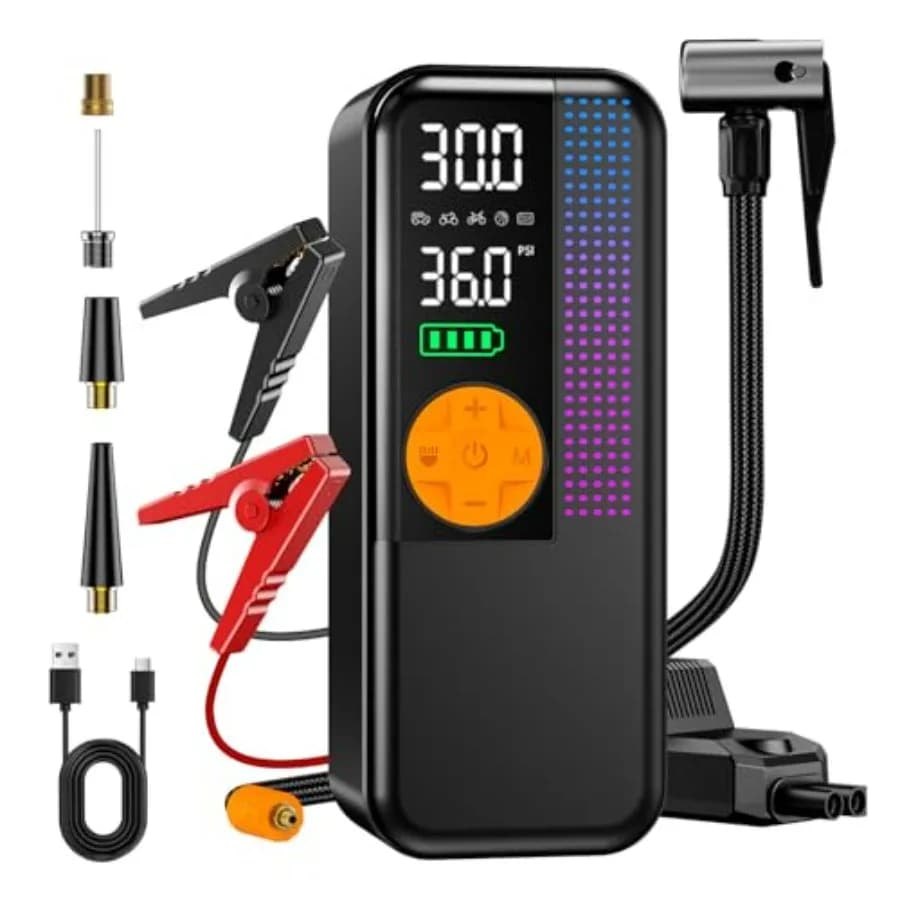 Avviatore di Emergenza Portatile 5500A con Compressore d'Aria 150PSI per Tutte le Auto a Benzina e Diesel 10L, Display LCD 15V, Luce LED