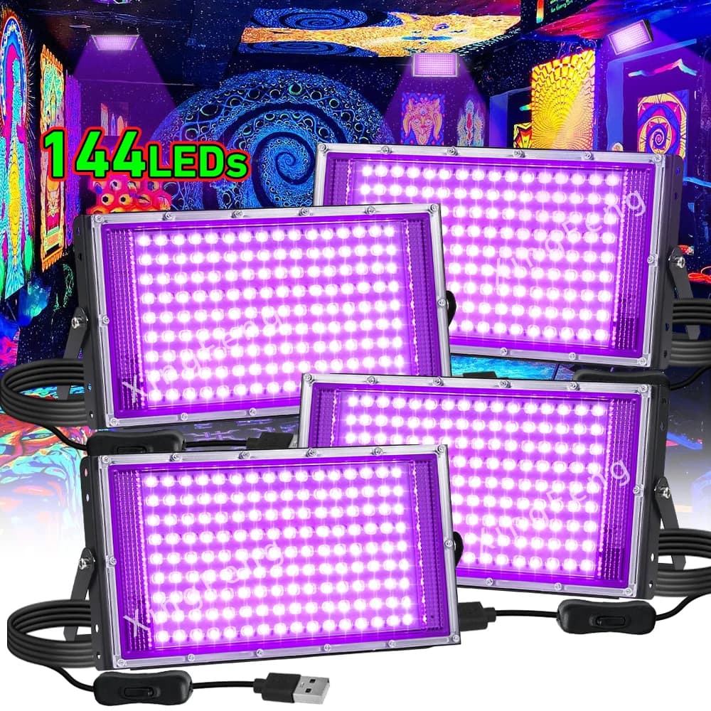 1/2/3/4 Pack 144LEDs USB UV Black Light Plug and Play DC5V Flood Light for Glow Party, Halloween, Neon Party, Fluorescent Poster