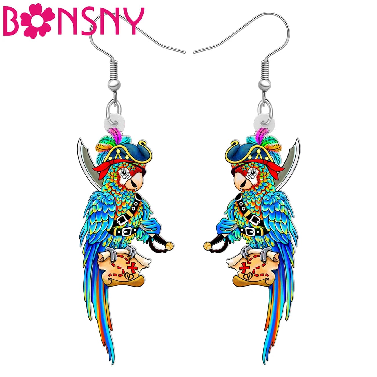 BONSNY Halloween Acrylic Novelty Treasure Map Pirate Parrot Earrings Drop Dangle Gifts for Women Girls Kids Teens Party Favors