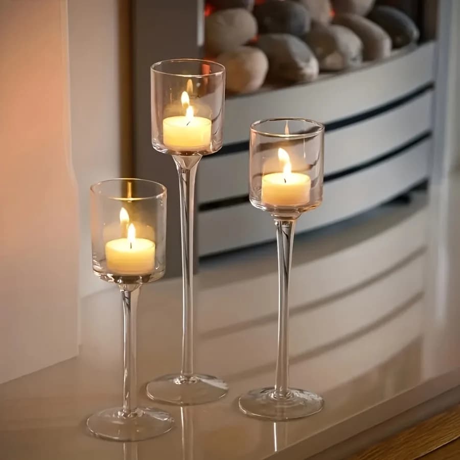 Set of 3 Transparent Glass Candle Holder, Elegant Gift Pack, European Style Lunch Table Decoration