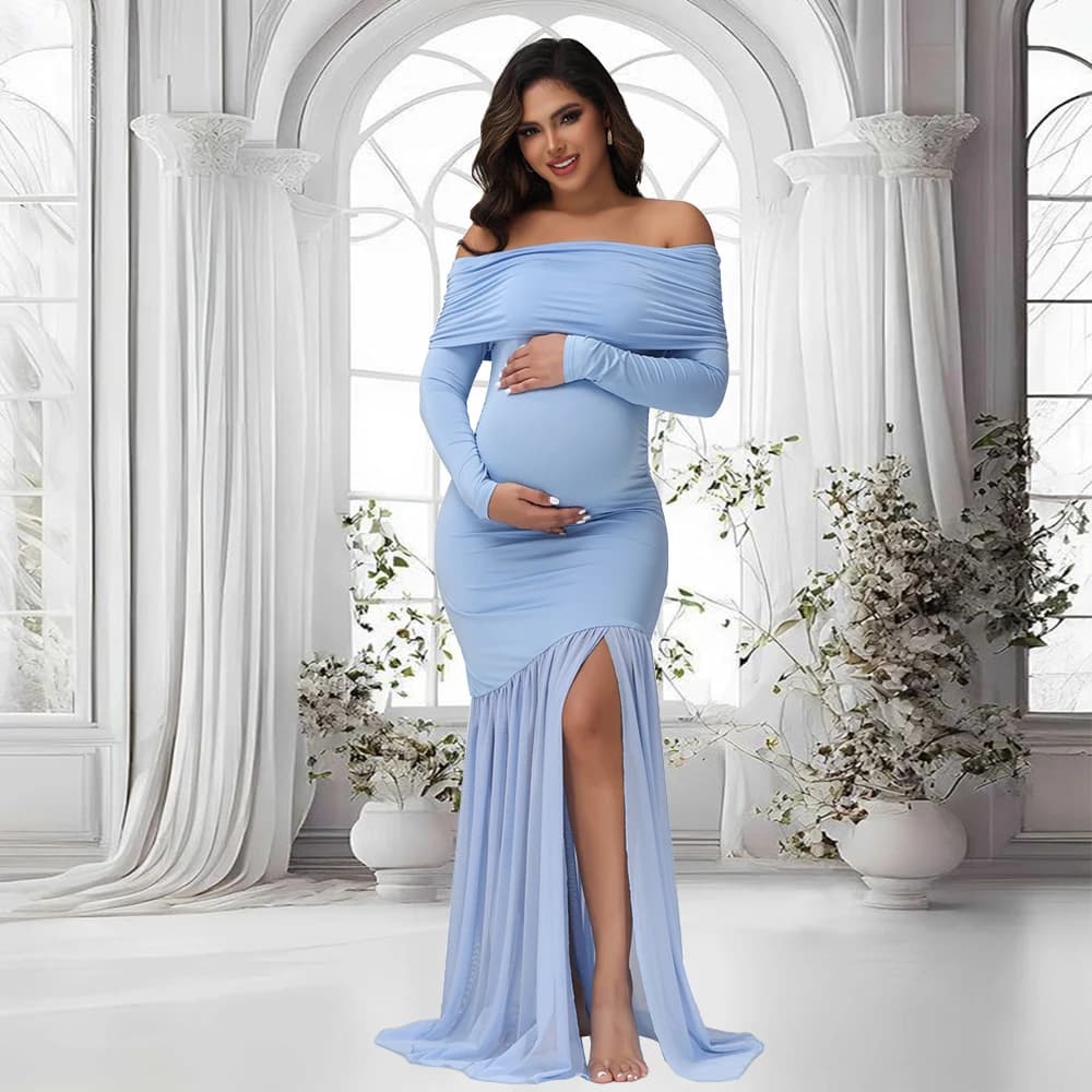 Abiti premaman Servizio fotografico Spacchi con spalle scoperte Orlo a coda di pesce Abiti da baby shower per donna incinta Abito da sera elegante