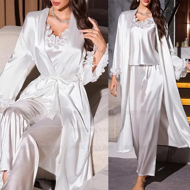 White Satin Pajamas Set Sexy Ruffles Pijama Mujer 3Pcs Home Clothes Long Sleeve Robe Cmai Top Pants Pyjamas Femme Sleepwear