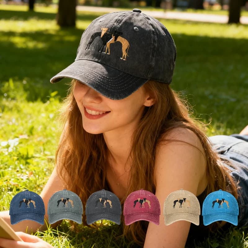 1pc Rerto Washed Baseball Cap with Printed Greyhound Dog,Streetwear Trucker Hat Summer Female Male Outdoor Sport Baseball Caps