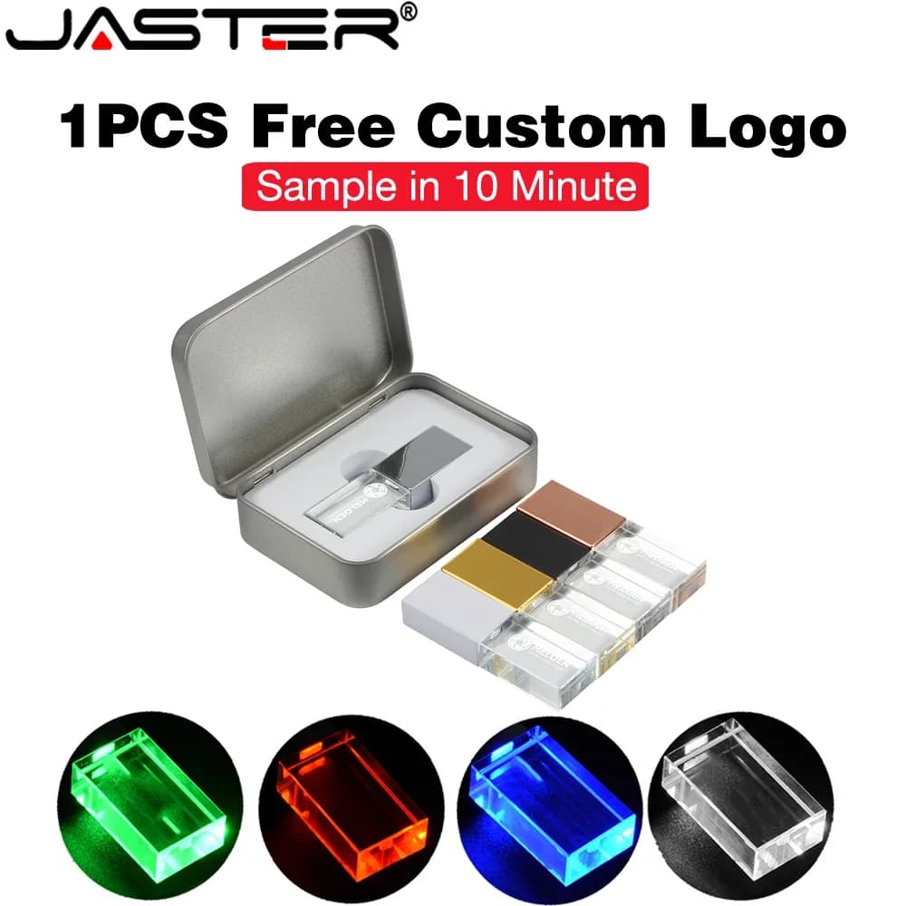 Chiavetta USB LED rossa 128 GB Logo personalizzato gratuito Pen Drive Memory Stick in cristallo 64 GB Scatola di metallo Pendrive 32 GB Regalo creativo U