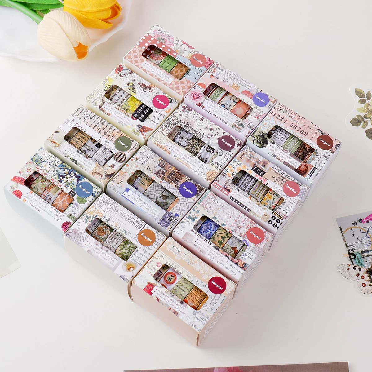 5 rotoli/scatola, set di nastro washi retrò, adatto per manuali fai-da-te, articoli, decorazioni per confezioni regalo, forniture decorative raffinate
