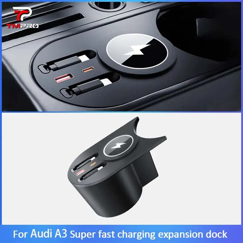 Super Fast Charging Expansion Dock For Audi A3 Cup Holder Mount Car Charger Hub With Retractable Type-C Cable
