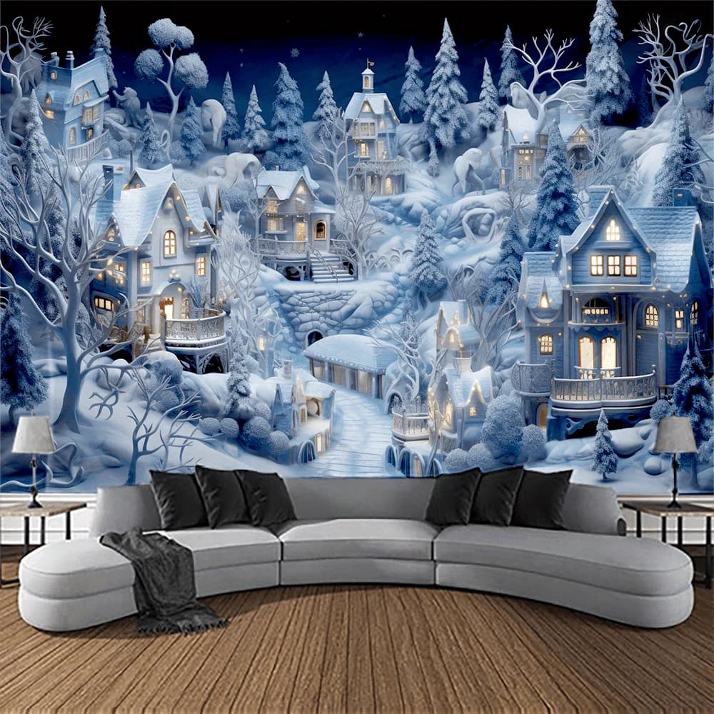 2026 Christmas Town Snow Scene Wall Tapestry, Winter Wonderland Backdrop, New Year Wall Hanging Decor for Living Room 2027