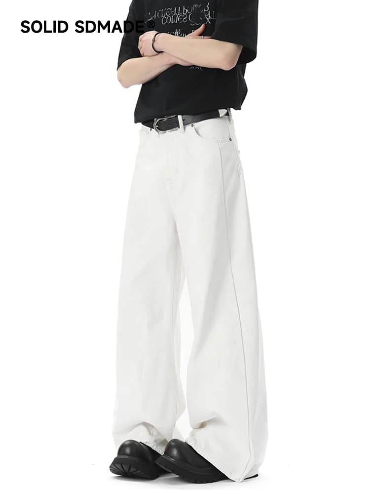 SDAMDE American Style White Jeans Loose Wide Leg Trousers Men Women Splicing Design Sense Bent Knife Jeans Casual Cotton
