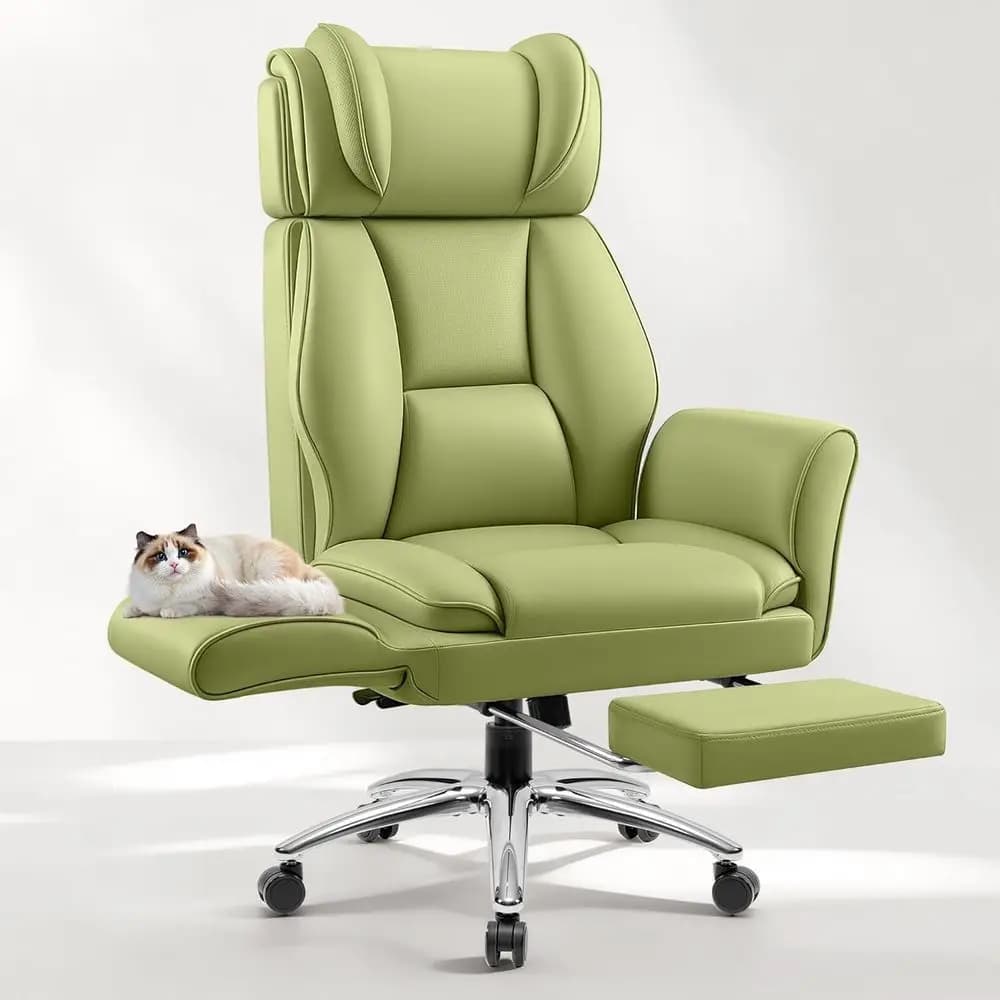 Sedia da Ufficio Ergonomica in Pelle con Schienale Alto e Poggiapiedi, Verde, per Casa e Gaming