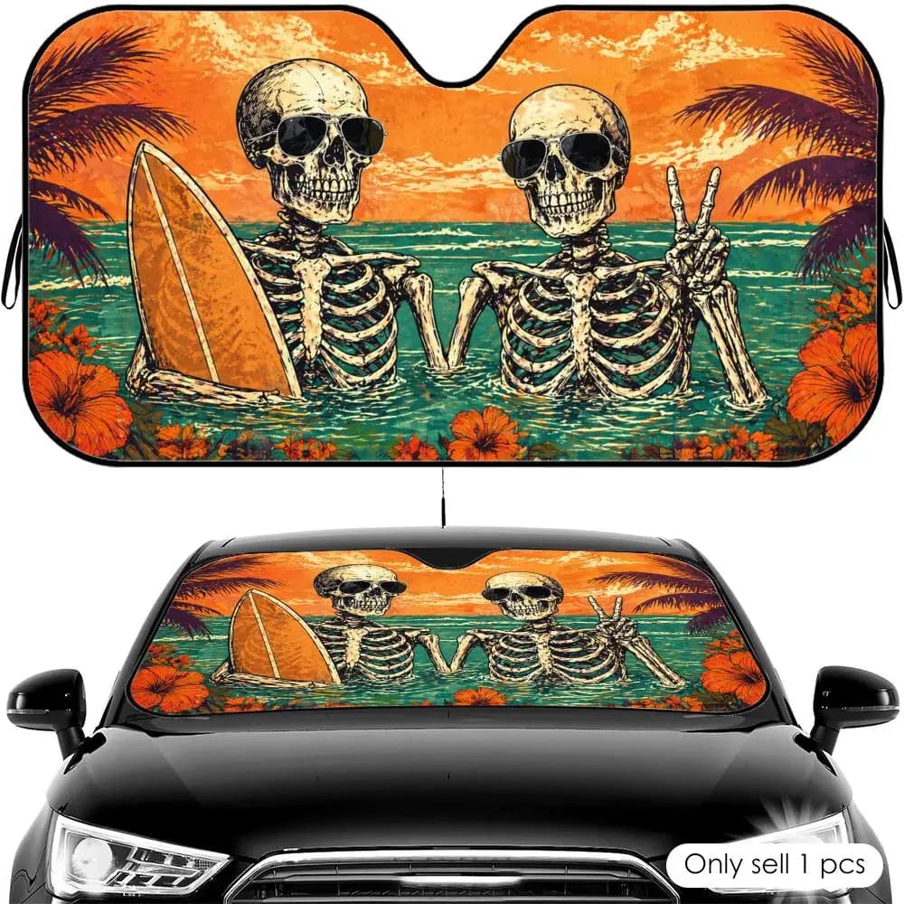 Parasole per Auto Skeleton Ocean Vacation, Protezione UV per Parabrezza Anteriore, Scudo Termico Pieghevole Universale