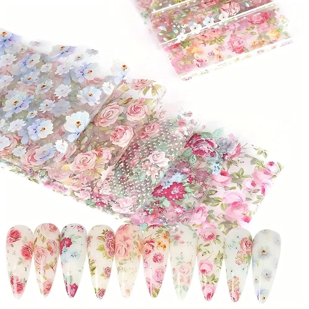 Set of 10 Mixed Nail Art Sheets with Transfer Stickers, Rose and Star Sky Floral Drawings, Summer Manicure Decorations and Weddings