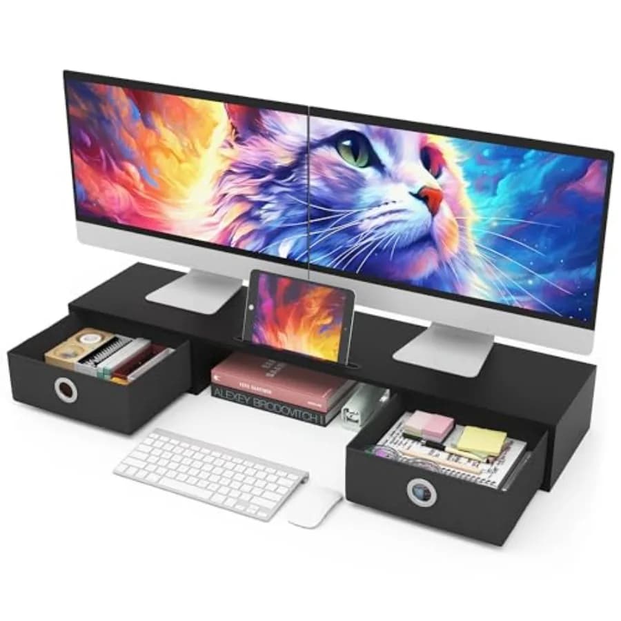 Dual Monitor Support with Two Drawers, Large Storage Space, Stand for 2 Monitor, Computer Desk Organizer
